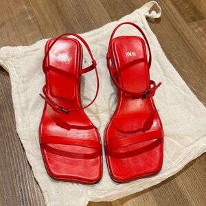 Zara Bold Red Leather Strappy Sandals Block Heels